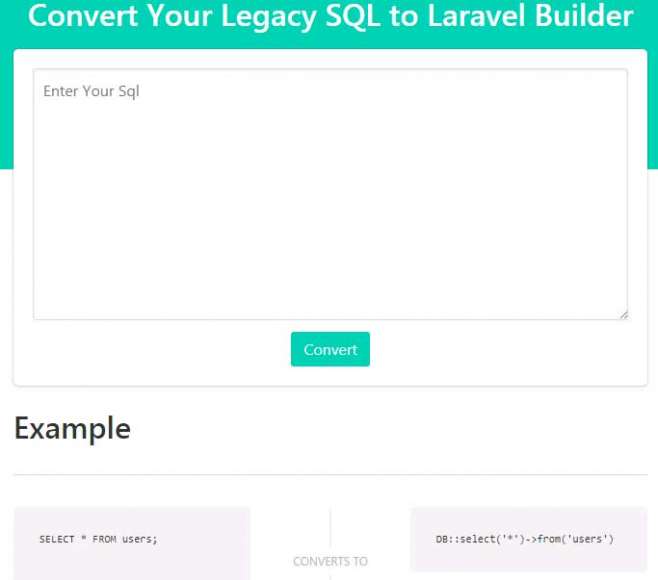 midnightcowboycoder.com - онлайн сервис преобразует sql запрос в запрос для Laravel Builder