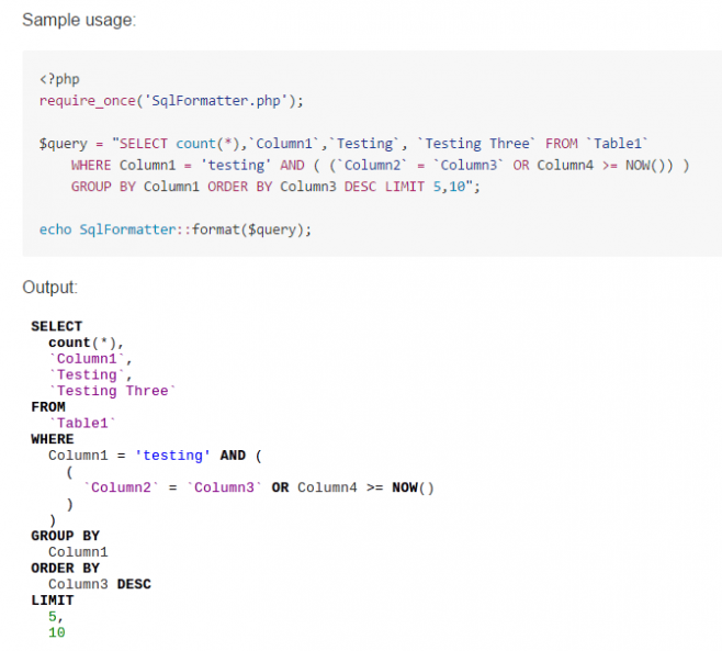 sql-formatter - php class форматирует вывод sql запроса